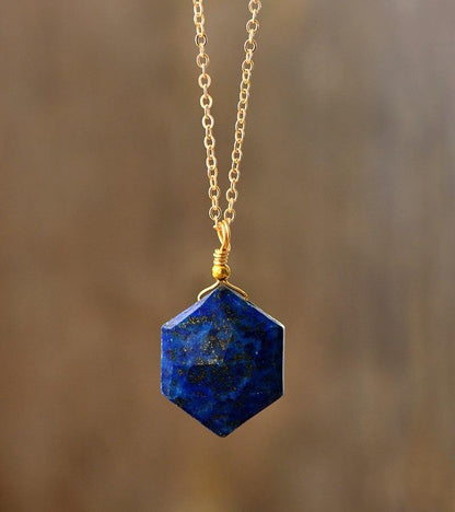 Blue Gemstone Geometric Pendant Necklace - Pexav
