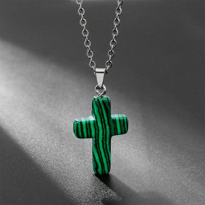 Necklace with Cross of Natural Gemstones - Seraphina-Malachite-Nora Luxe