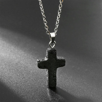 Necklace with Cross of Natural Gemstones - Seraphina-Lava stone-Nora Luxe