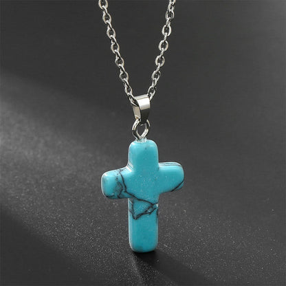 Necklace with Cross of Natural Gemstones - Seraphina-Turquoise-Nora Luxe
