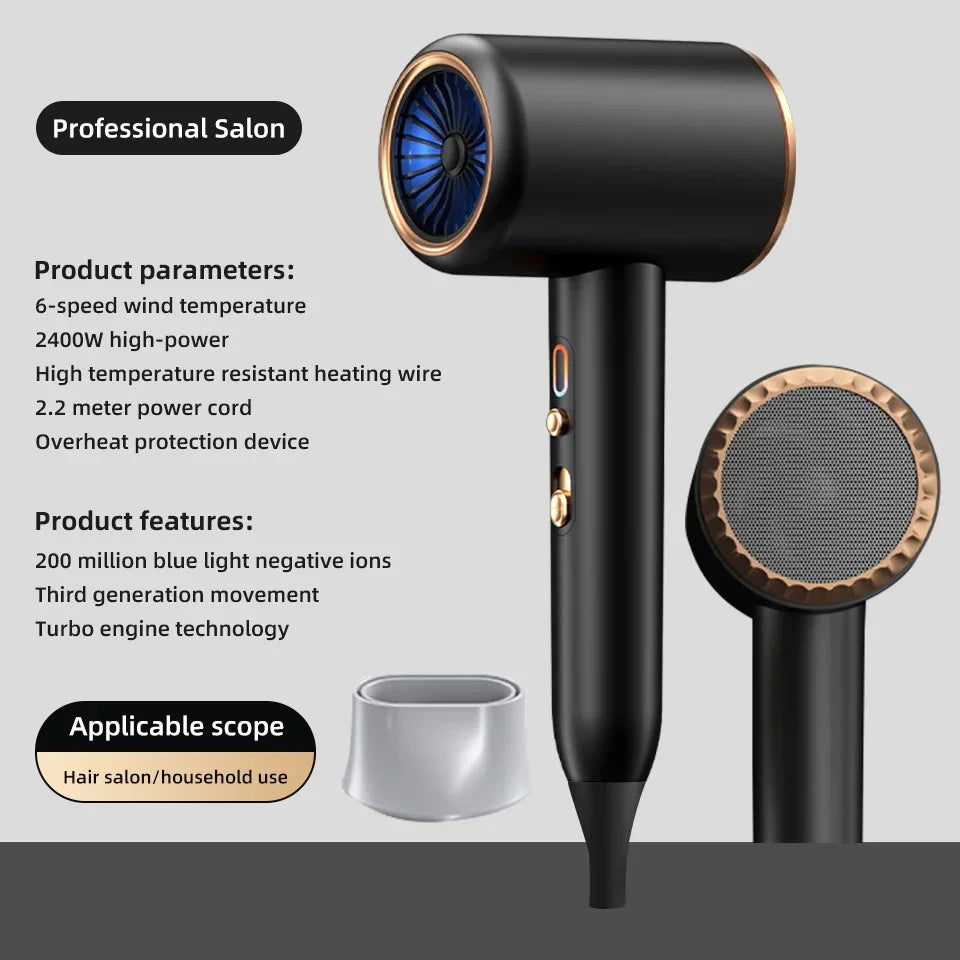PROFESSIONAL HAIRDRYER 2400W WITH COLD AND HOT AIR - NEGATIVE IONS - POWERFUL HAIR DRYER FOR SALON RESULTS-Black-Nora Luxe
