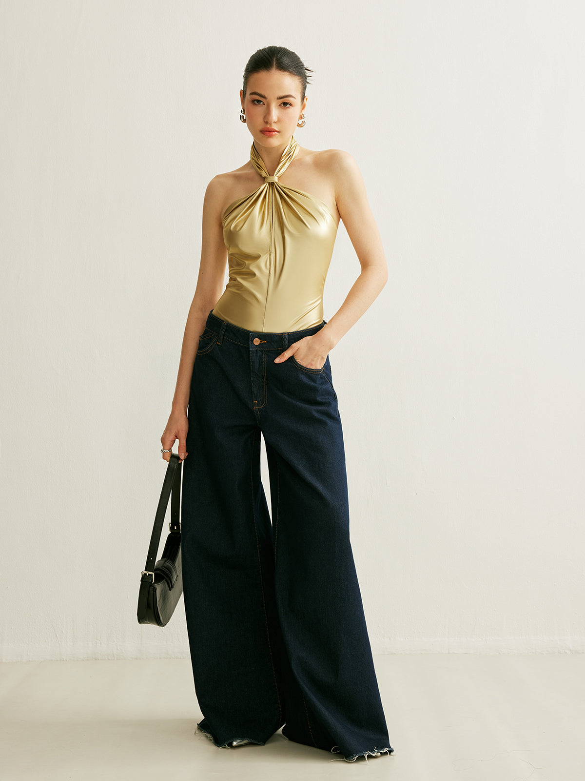 Comfortable PU Backless Halter Jumpsuit