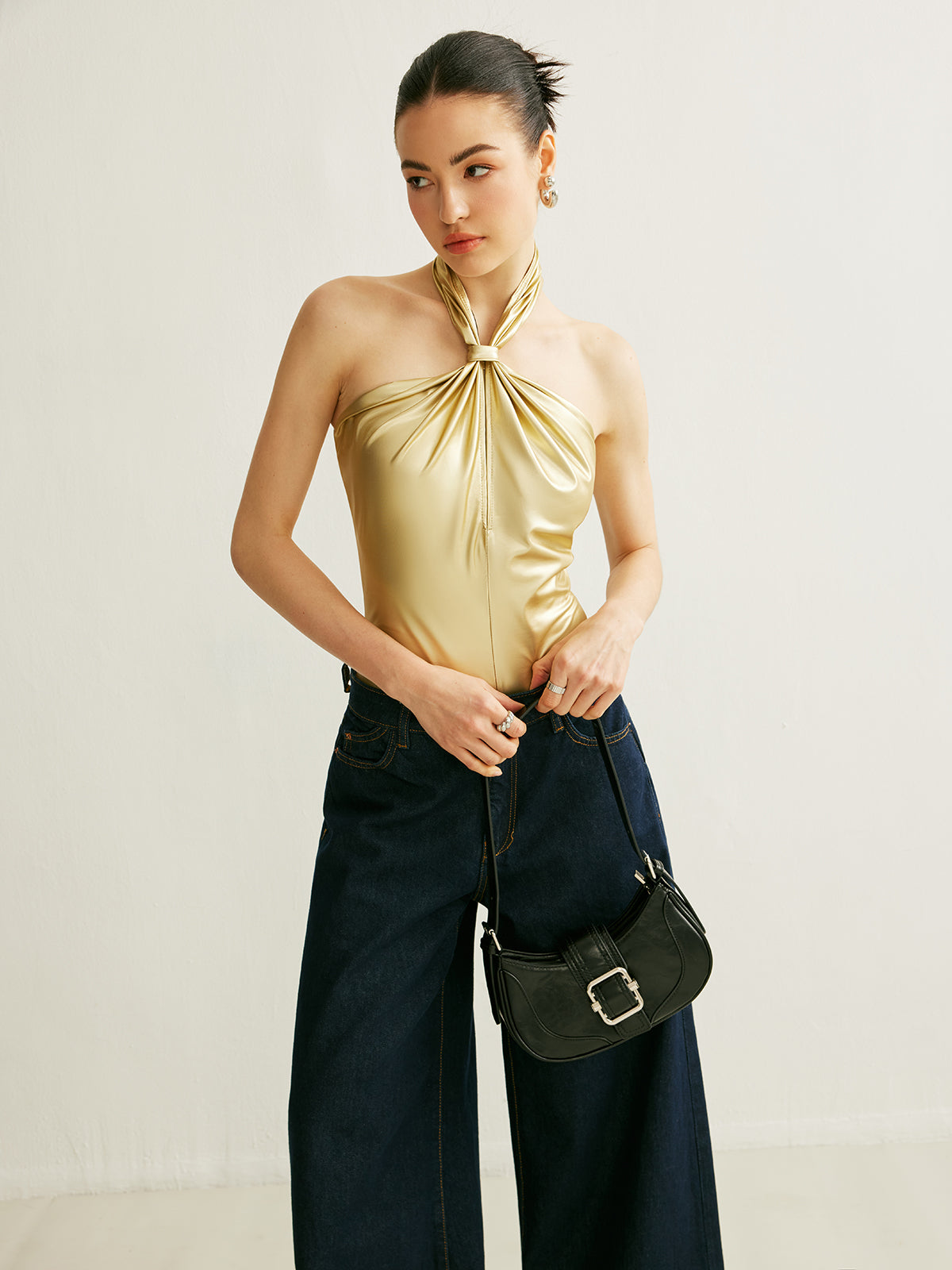 Comfortable PU Backless Halter Jumpsuit