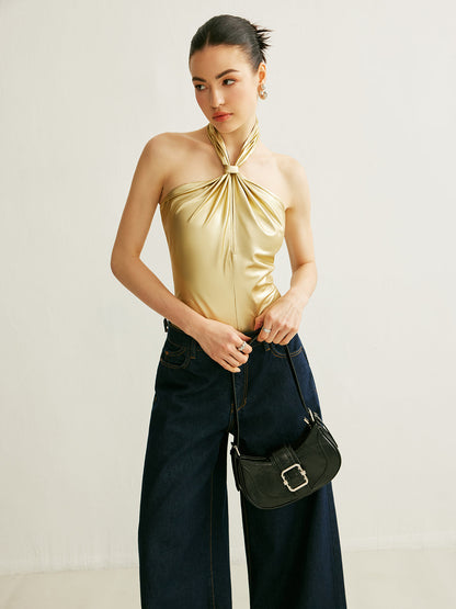 Comfortable PU Backless Halter Jumpsuit