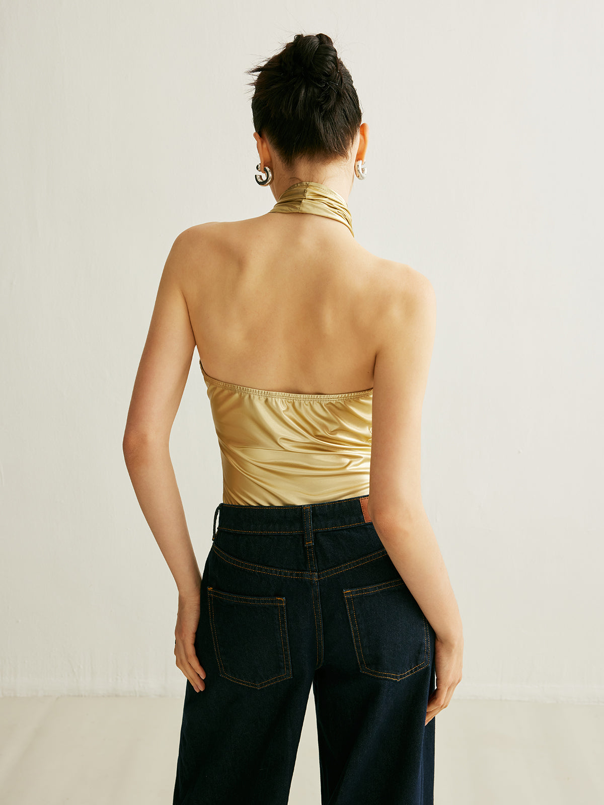 Comfortable PU Backless Halter Jumpsuit