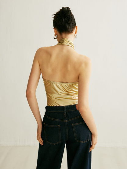 Comfortable PU Backless Halter Jumpsuit