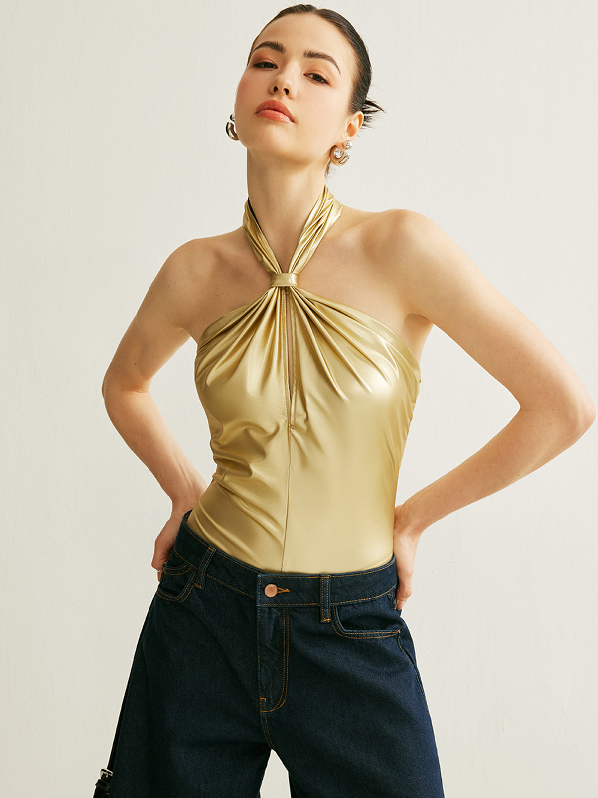 Comfortable PU Backless Halter Jumpsuit - Pexav