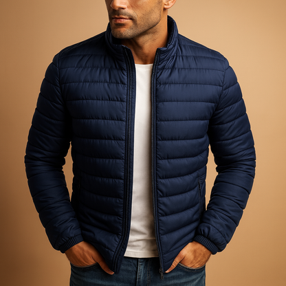 Warm puffer jacket with hood for men, designed for cold winter days with excellent insulation and stylish, durable protection.