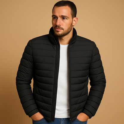 Men’s puffer jacket with hood, designed for warmth and comfort during cold winter days and outdoor activities.
