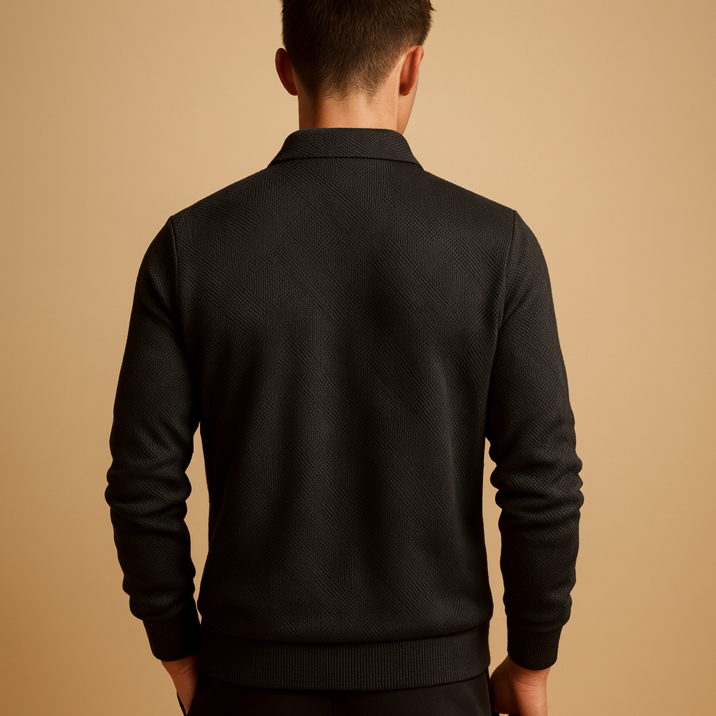 Men’s quarter-zip polo sweater with a geometric pattern, shown in multiple colors and designed for stylish everyday and workwear in cooler seasons.