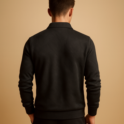 Men’s quarter-zip polo sweater with a geometric pattern, shown in multiple colors and designed for stylish everyday and workwear in cooler seasons.