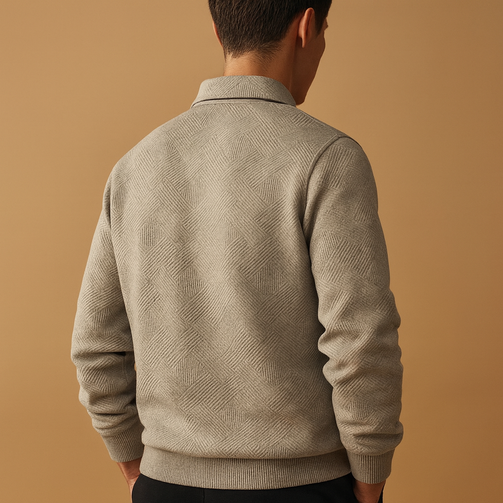 Men’s quarter-zip polo sweater with a geometric pattern, shown in multiple colors and designed for stylish everyday and workwear in cooler seasons.