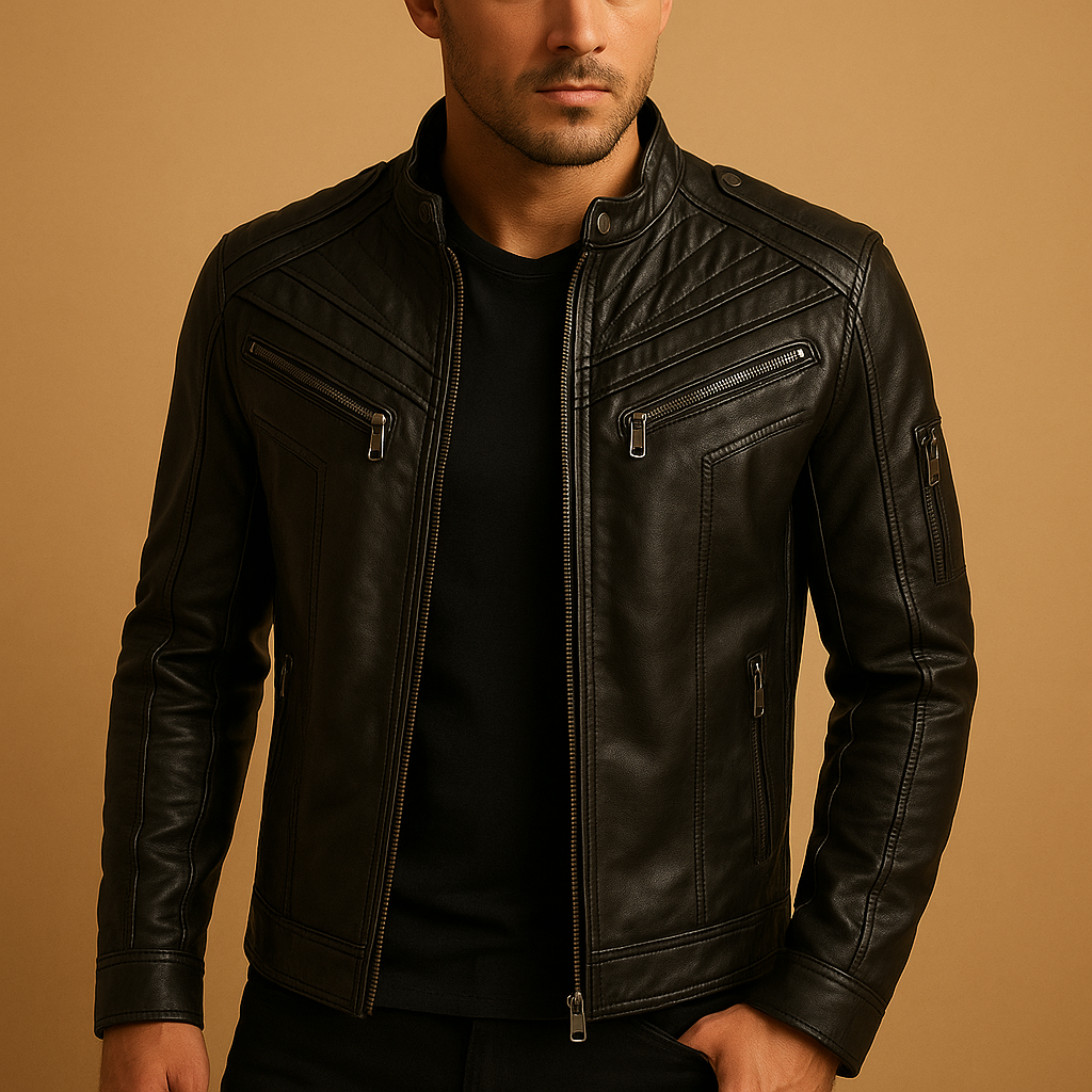Men’s quilted jacket with a stand up collar, zipper closure, and practical pockets, suitable for casual outfits and formal occasions.
