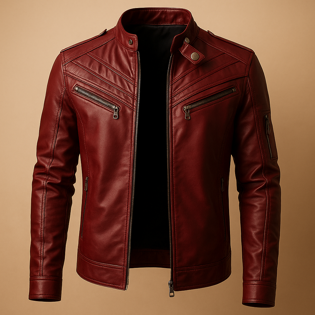 Men’s quilted jacket with a stand up collar, zipper closure, and practical pockets, suitable for casual outfits and formal occasions.