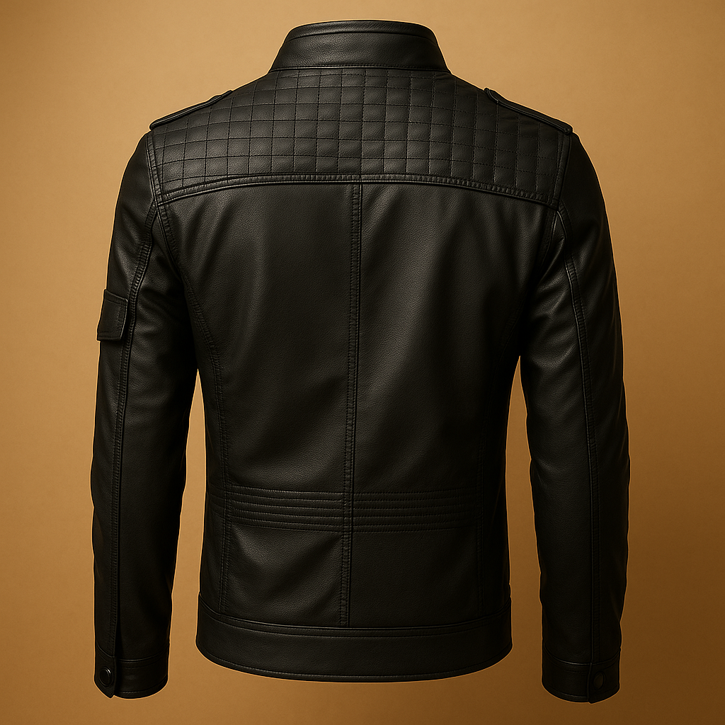 Men’s quilted jacket with a stand up collar, zipper closure, and practical pockets, suitable for casual outfits and formal occasions.