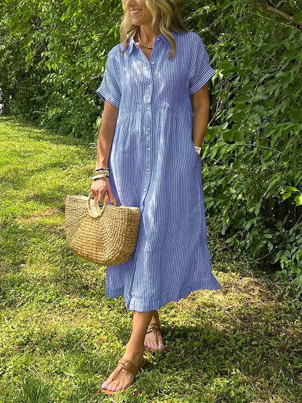 Classic Striped Shirt Dress for Women - Olytrend