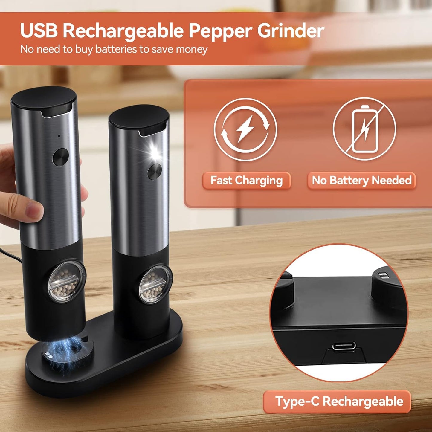 Rechargeable Electric Salt and Pepper Mill Set-Black-Nora Luxe