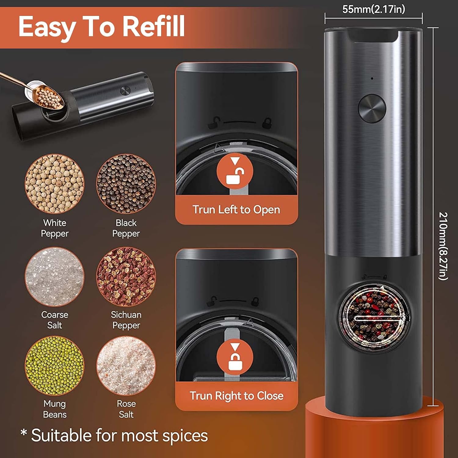 Rechargeable Electric Salt and Pepper Mill Set-Black-Nora Luxe