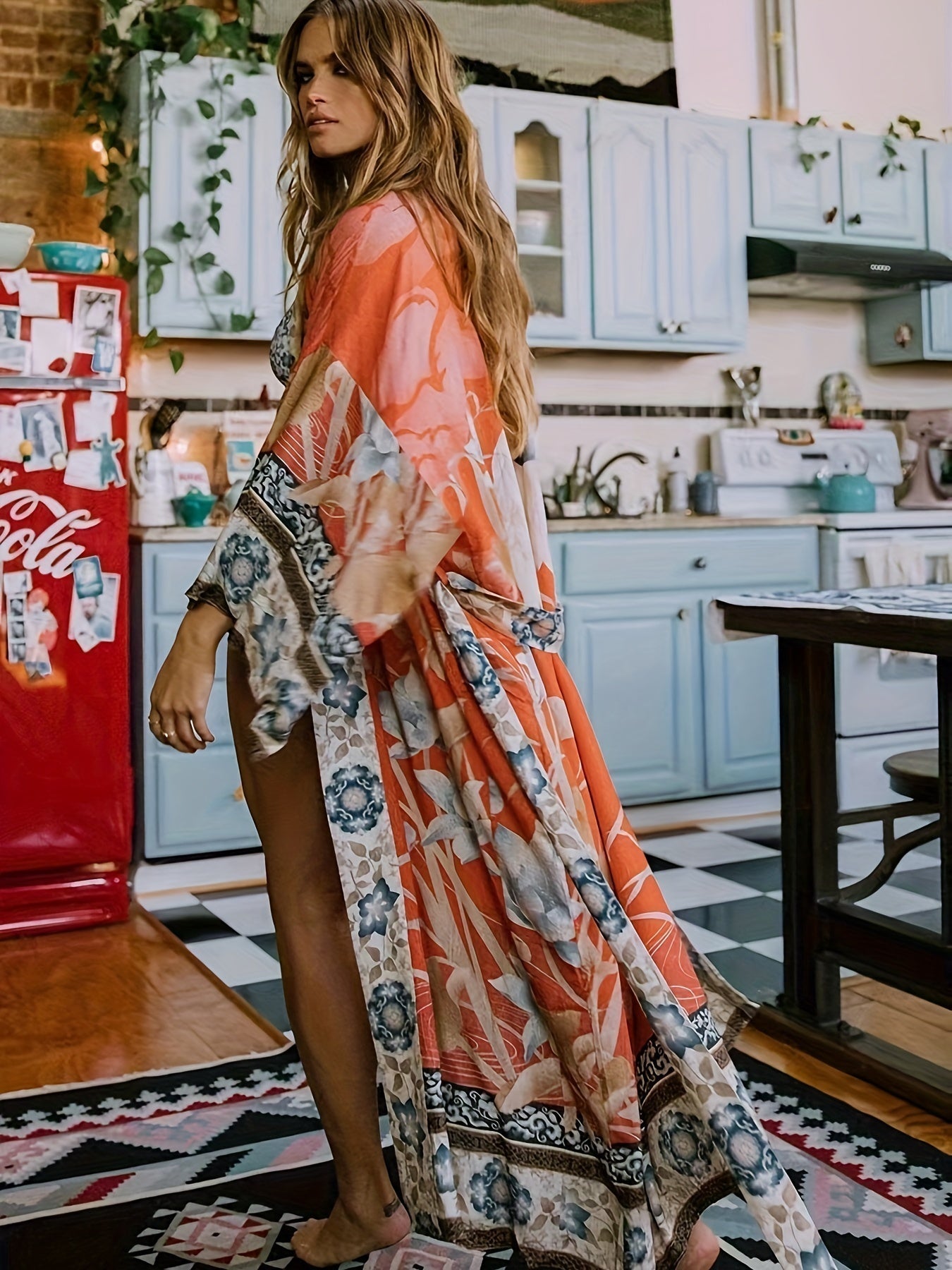 Pink Flower Embroidered Kimono Dress - Pexav