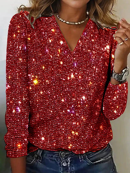 Sparkly V-Neck Long Sleeve Knit Top - Nocini