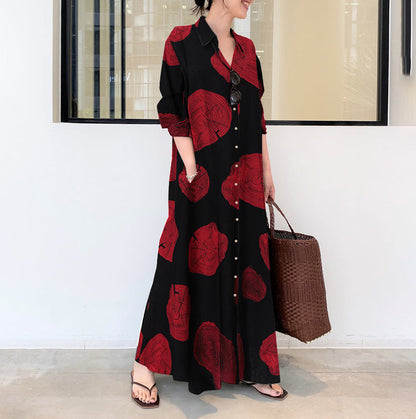 Relaxed Fit Maxi Dress with Long Sleeves and Floral Print