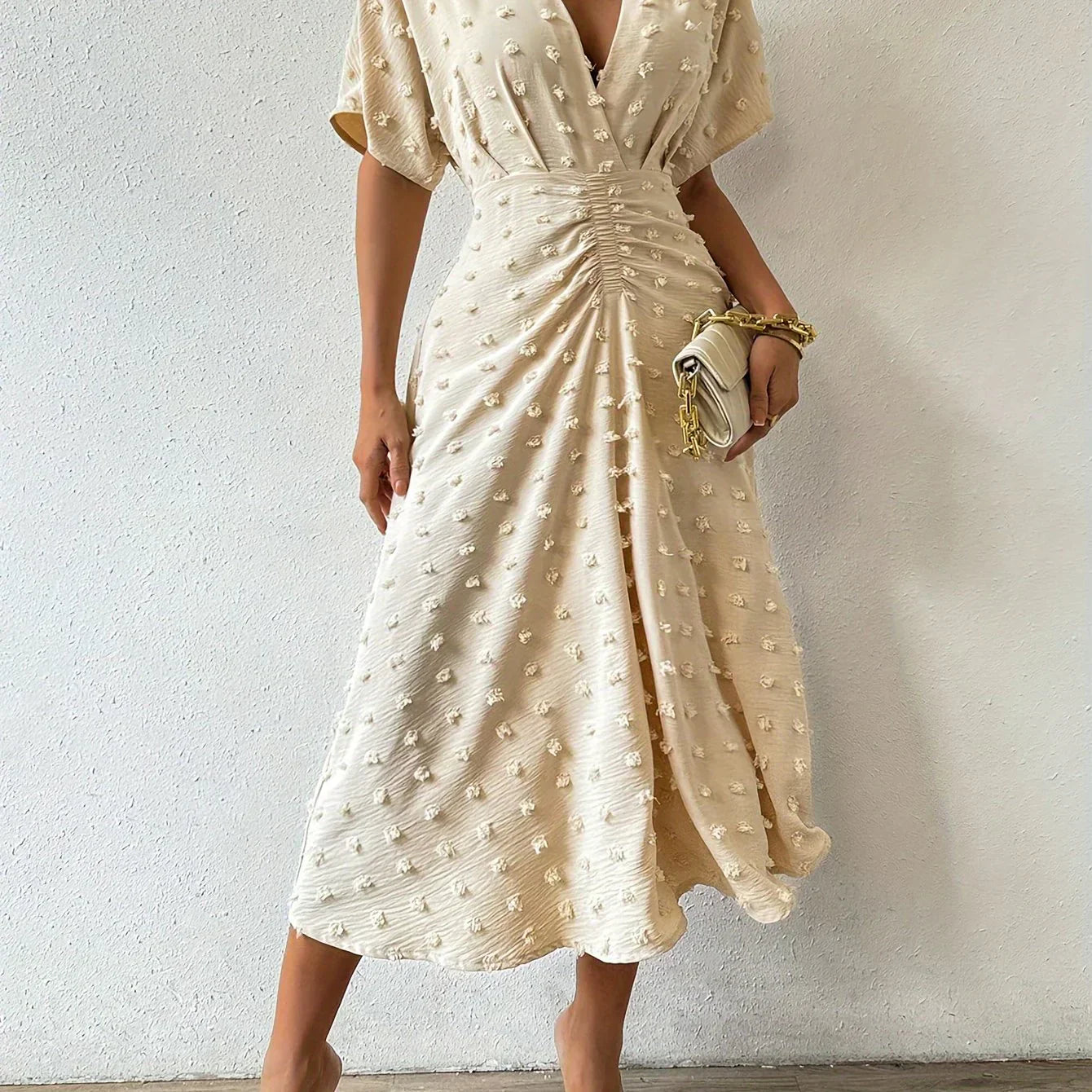 Refined Pleated Midi Dress with Ruffles | Evening Dress-S-Apricot-Nora Luxe