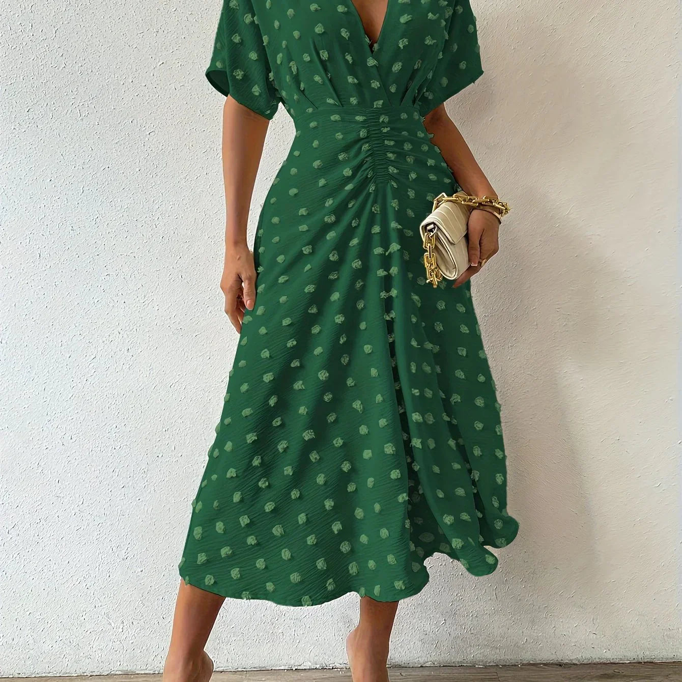 Refined Pleated Midi Dress with Ruffles | Evening Dress-S-Dark green-Nora Luxe