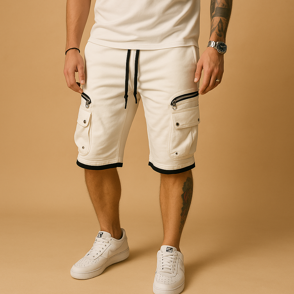 Men’s relaxed cargo shorts with adjustable drawstring waist and multiple pockets, perfect for summer, outdoor, or casual wear.