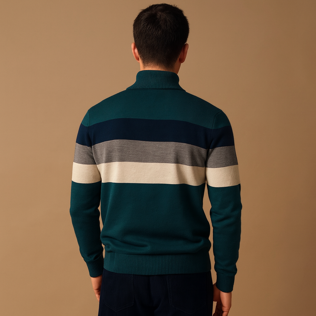 Men’s retro striped pullover with a zip collar, soft fabric, and a comfortable fit, ideal for casual autumn and winter looks.
