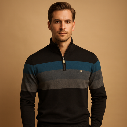 Men’s retro striped pullover with a zip collar, soft fabric, and a comfortable fit, ideal for casual autumn and winter looks.