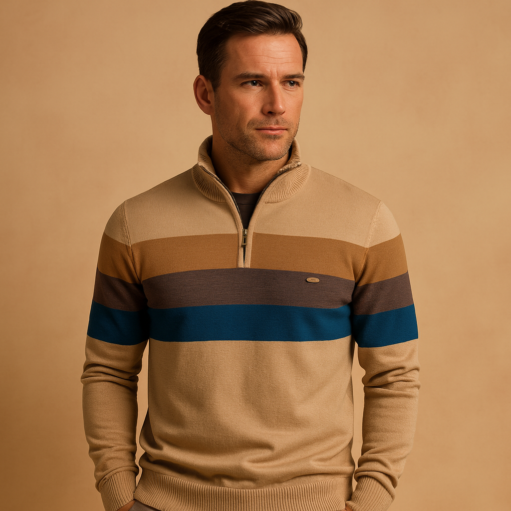 Men’s retro striped zip pullover with a soft feel and casual fit, ideal for daily wear and smart-casual outfits in autumn and winter.