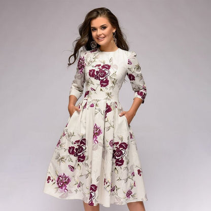 Floral Midi Dress with Pockets and Sleeves - Nocini