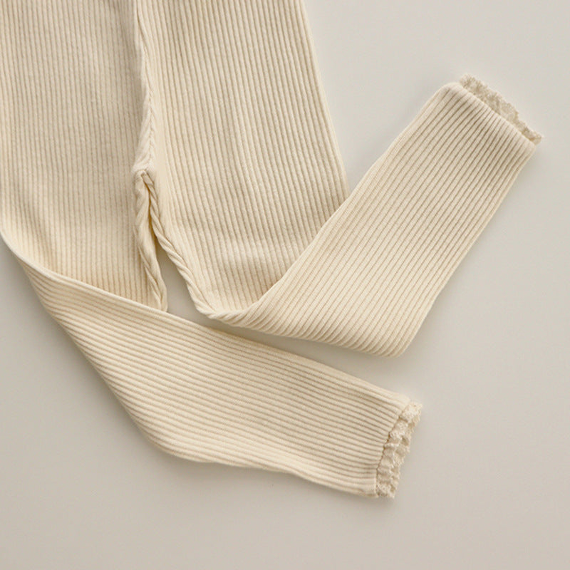 Ribbed Baby Leggings with Lace for Girls-Beige-0-6 months 25.98 inches-Nora Luxe