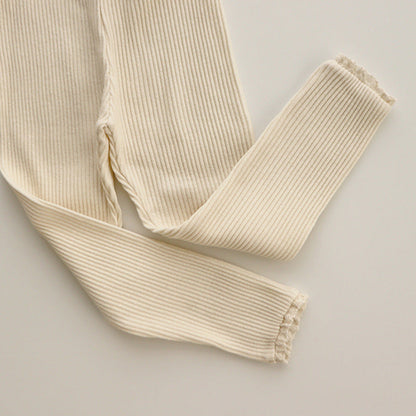 Ribbed Baby Leggings with Lace for Girls-Beige-0-6 months 25.98 inches-Nora Luxe