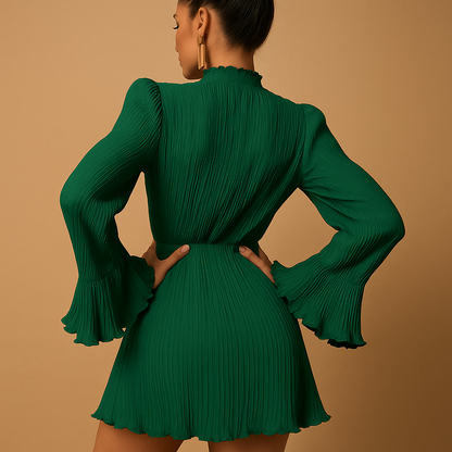 Ribbed mini dress for women with long sleeves, bodycon fit, and O-neckline, perfect for evening events, chic dinners, or nights out.