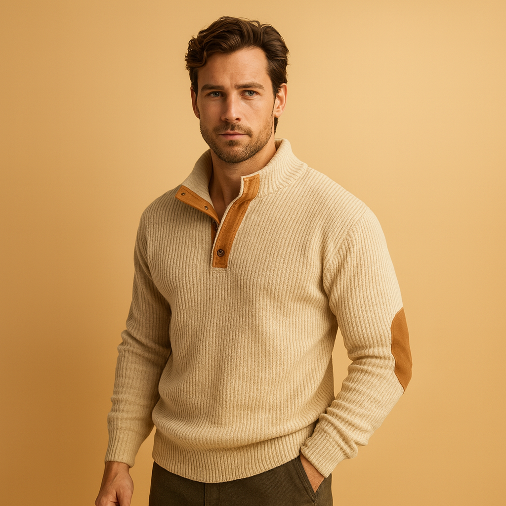 Men’s ribbed sweatshirt with a stand-up collar and button closure, designed for casual and everyday wear in autumn and winter.