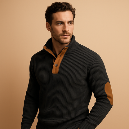 Men’s ribbed cotton sweatshirt with buttoned stand collar, tailored fit, and breathable design for everyday autumn and winter wear.