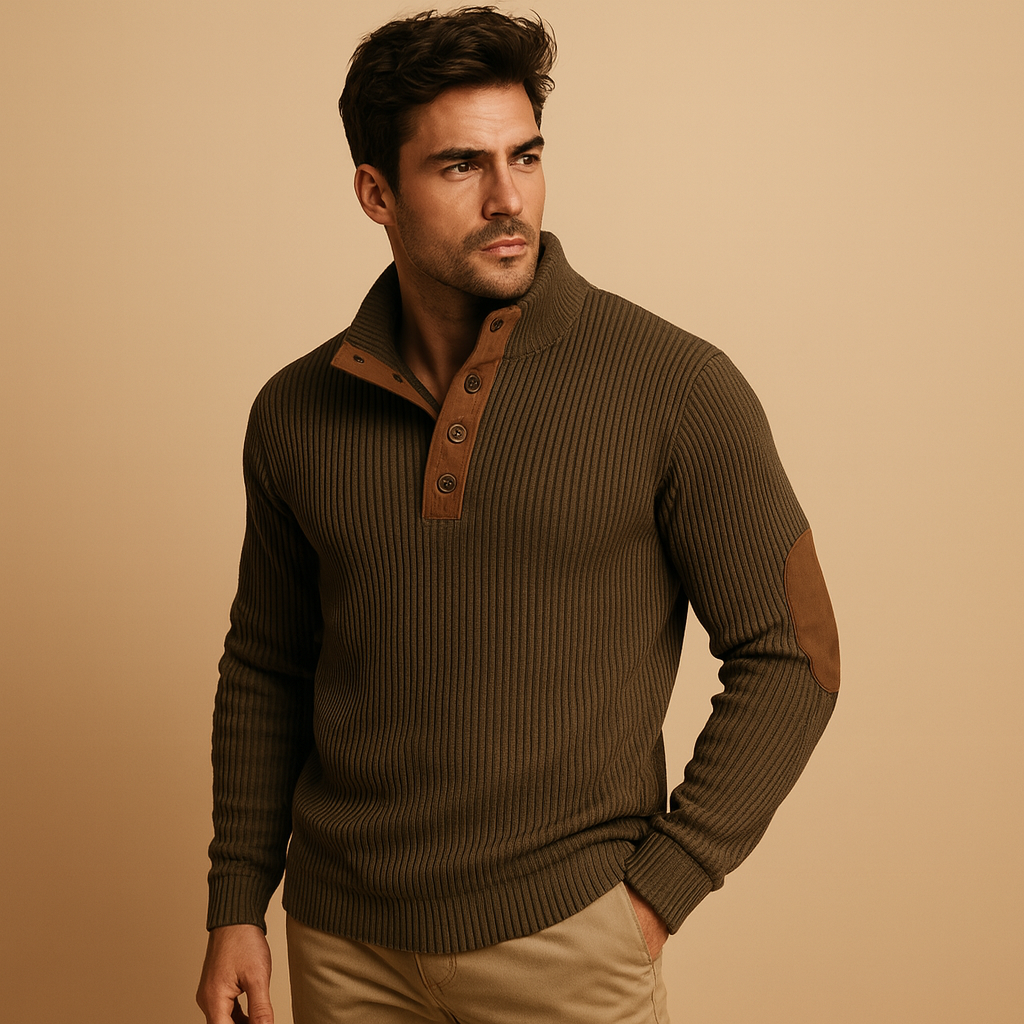 Men’s ribbed cotton sweatshirt with buttoned stand collar, tailored fit, and breathable design for everyday autumn and winter wear.