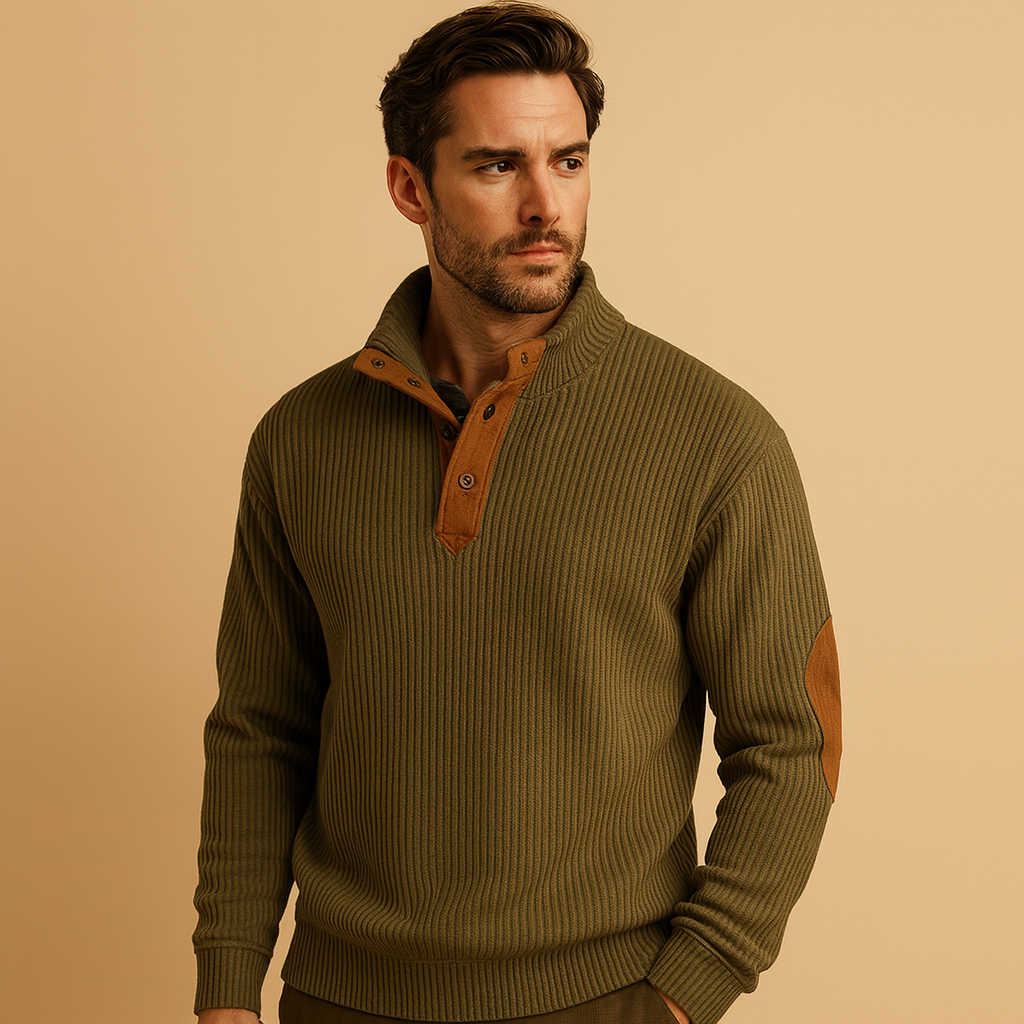 Men’s ribbed cotton sweatshirt with buttoned stand collar, tailored fit, and breathable design for everyday autumn and winter wear.