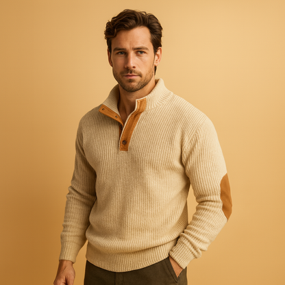 Men’s ribbed cotton sweatshirt with buttoned stand collar, tailored fit, and breathable design for everyday autumn and winter wear.