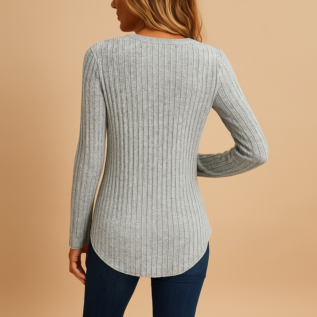 Women’s ribbed v-neck top in gray with button details, suitable for casual outfits and comfortable everyday wear.