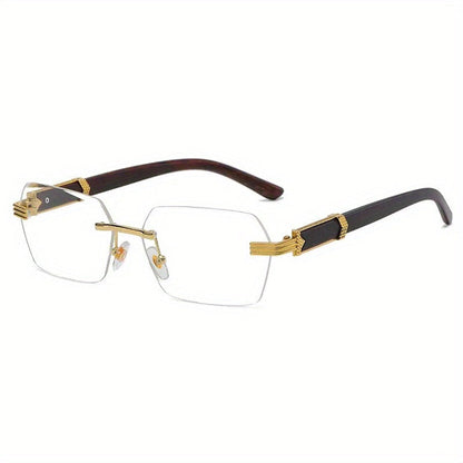 Rimless Sunglasses with Rectangular Lenses and Faux Wood Arms – Verro-White-State of Style