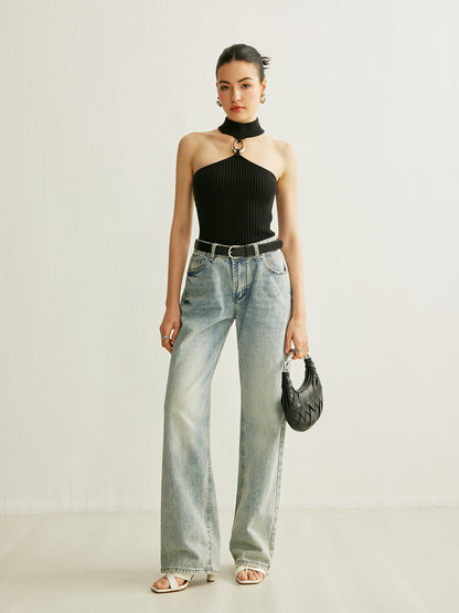 Fashion Ribbed Halter Neck Top