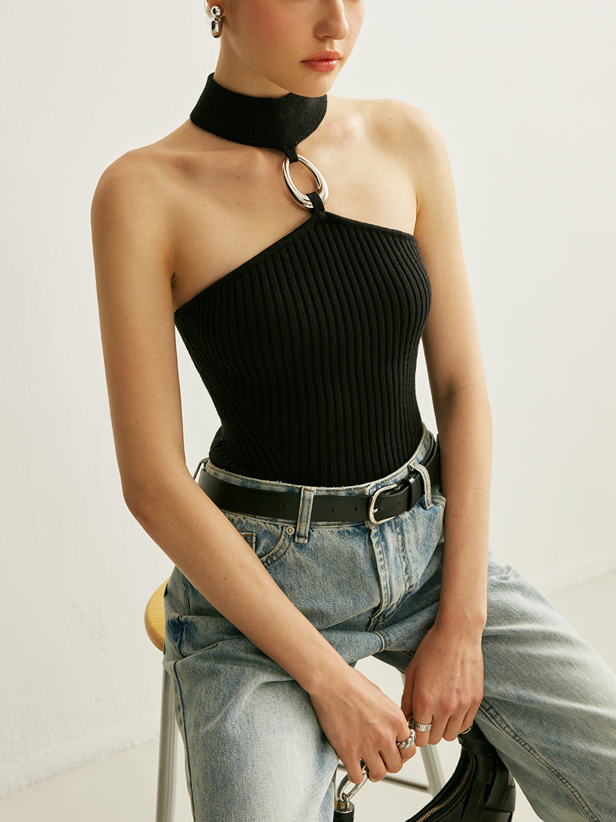 Fashion Ribbed Halter Neck Top