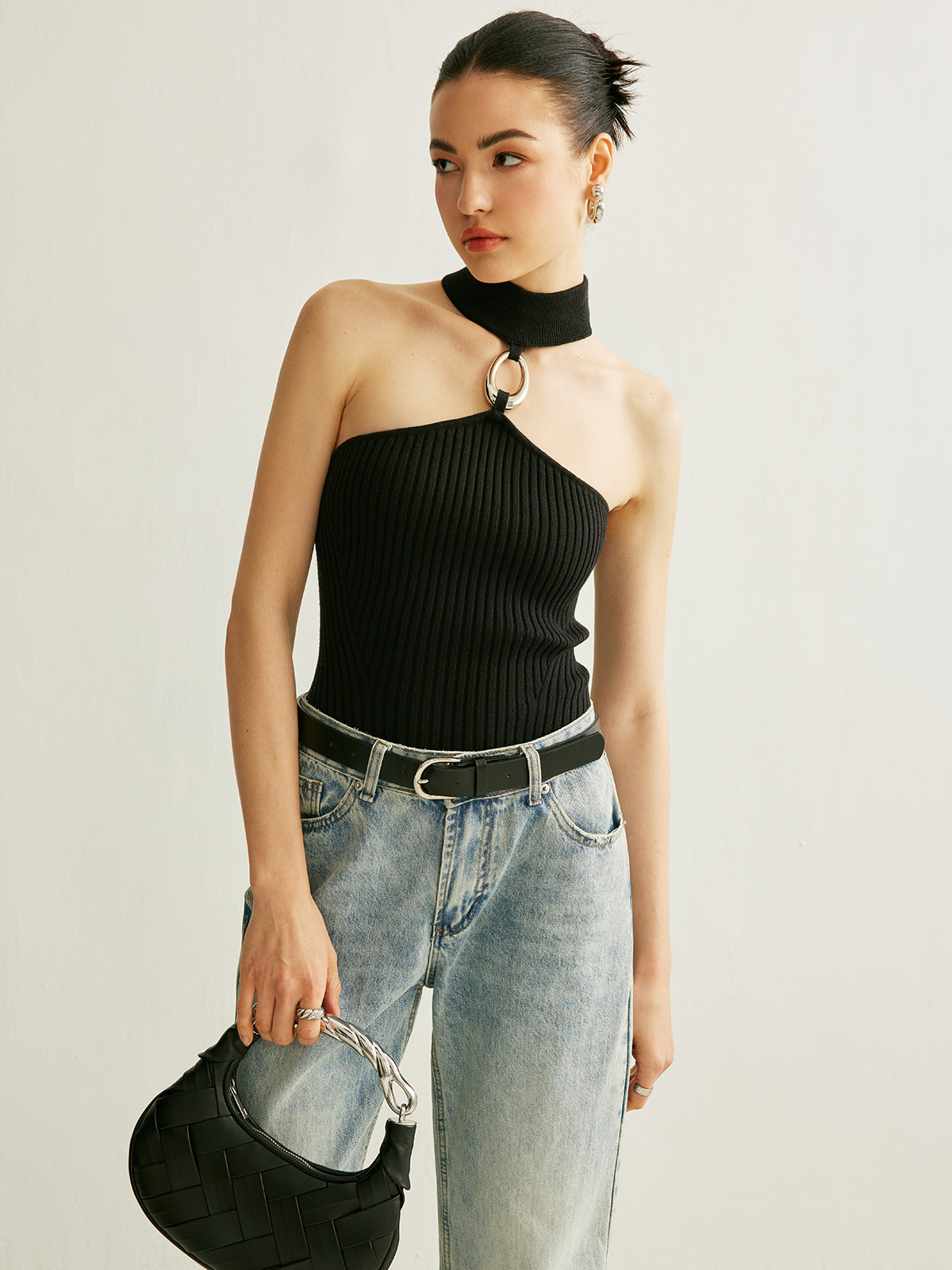 Fashion Ribbed Halter Neck Top