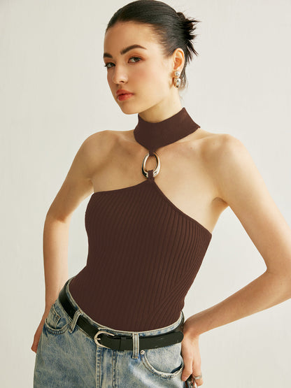 Fashion Ribbed Halter Neck Top