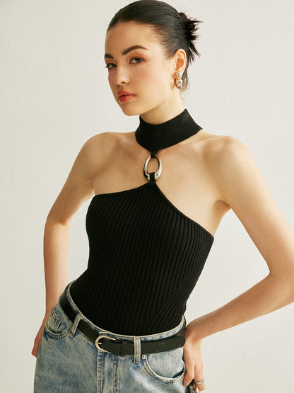 Fashion Ribbed Halter Neck Top - Pexav