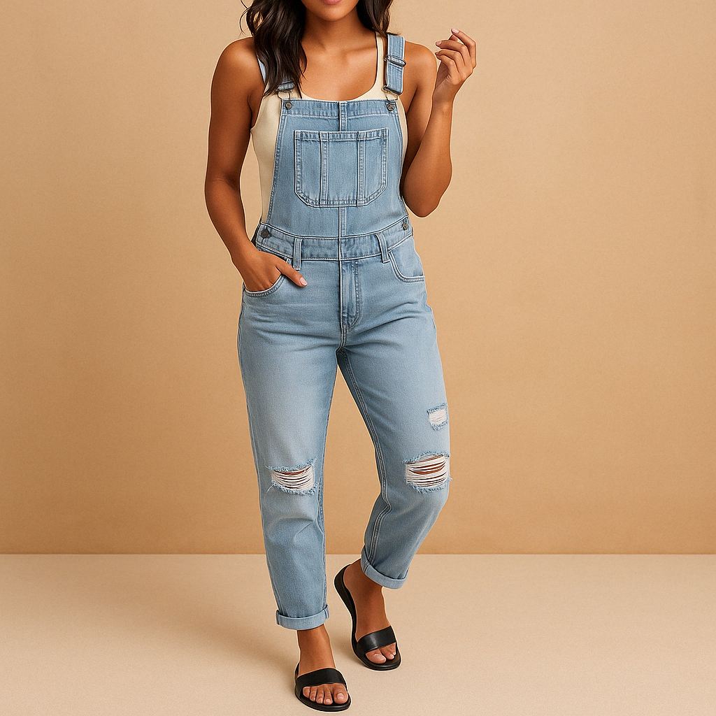 Women’s ripped denim overall with adjustable straps and distressed details, ideal for casual wear, city outings, or edgy streetwear looks.