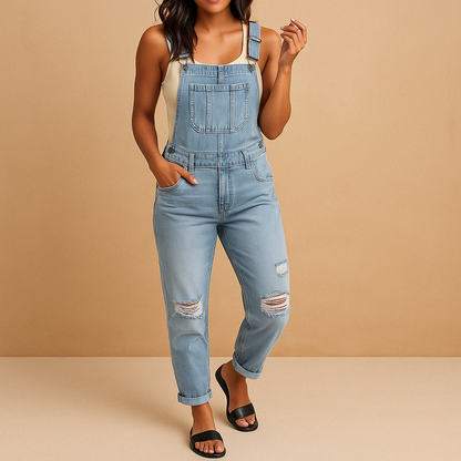 Women’s ripped denim overall with adjustable straps and distressed details, ideal for casual wear, city outings, or edgy streetwear looks.