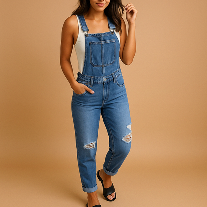 Women’s ripped denim overall with adjustable straps and distressed details, ideal for casual wear, city outings, or edgy streetwear looks.